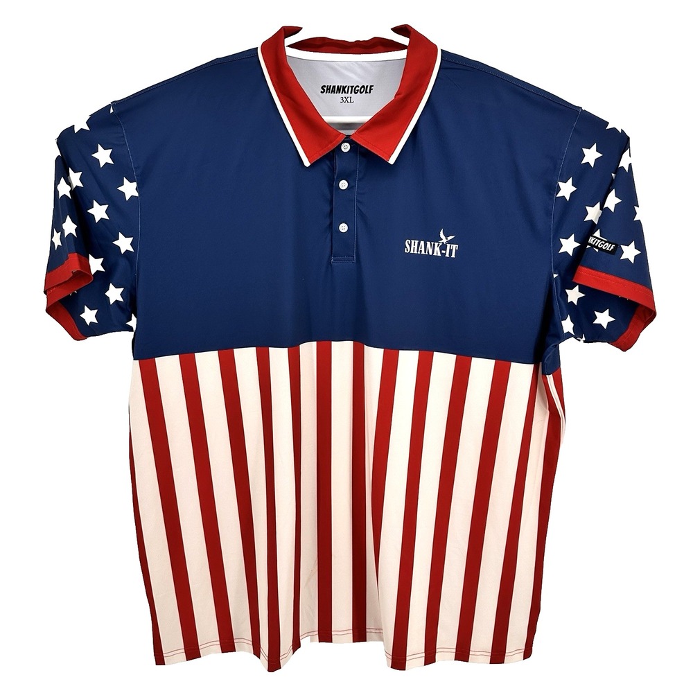 Shank It Golf Polo Mens 3XL American Flag Merica Print Short Sleeve Performance